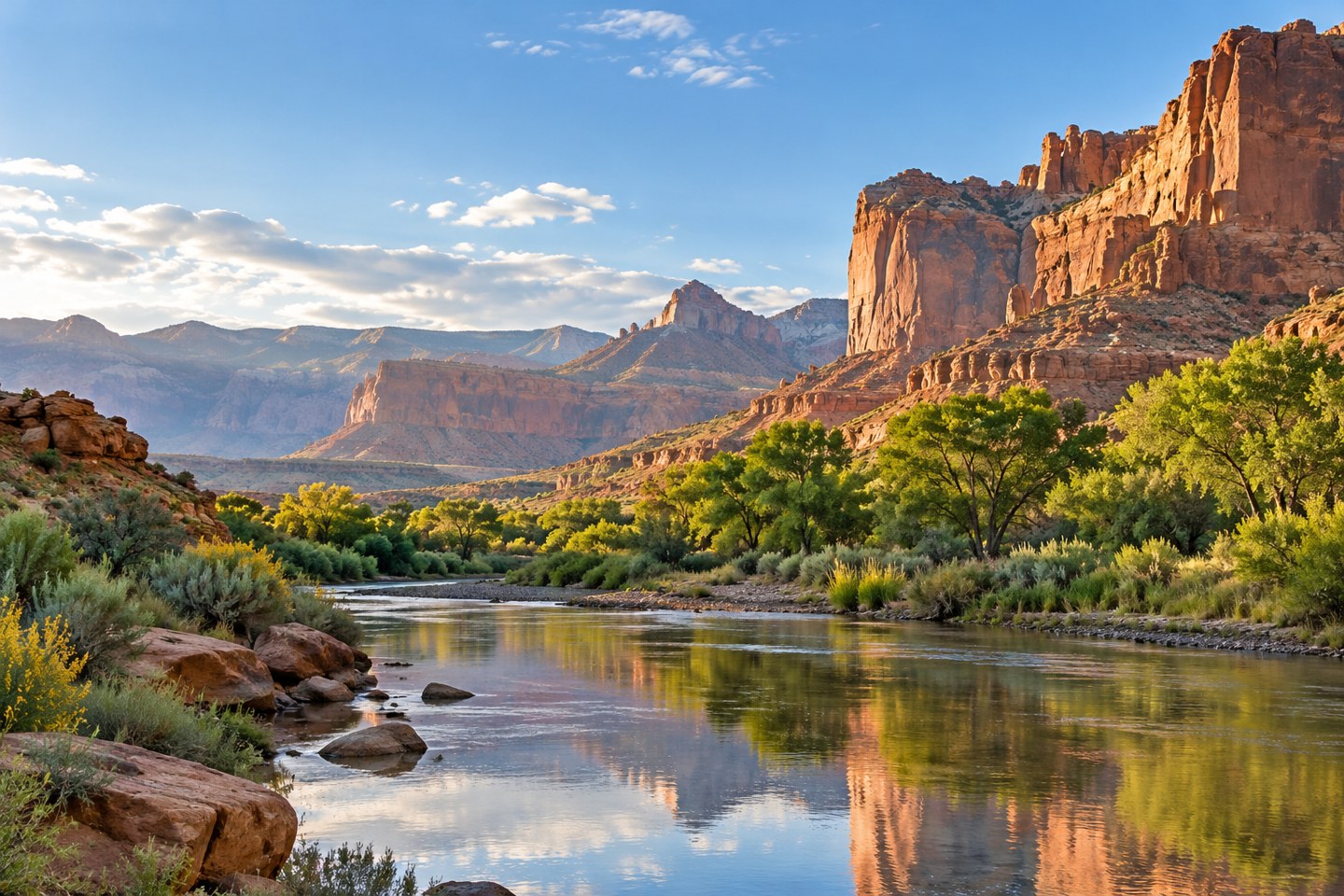 Sunlit red-rock canyon and a peaceful river in Southern Utah