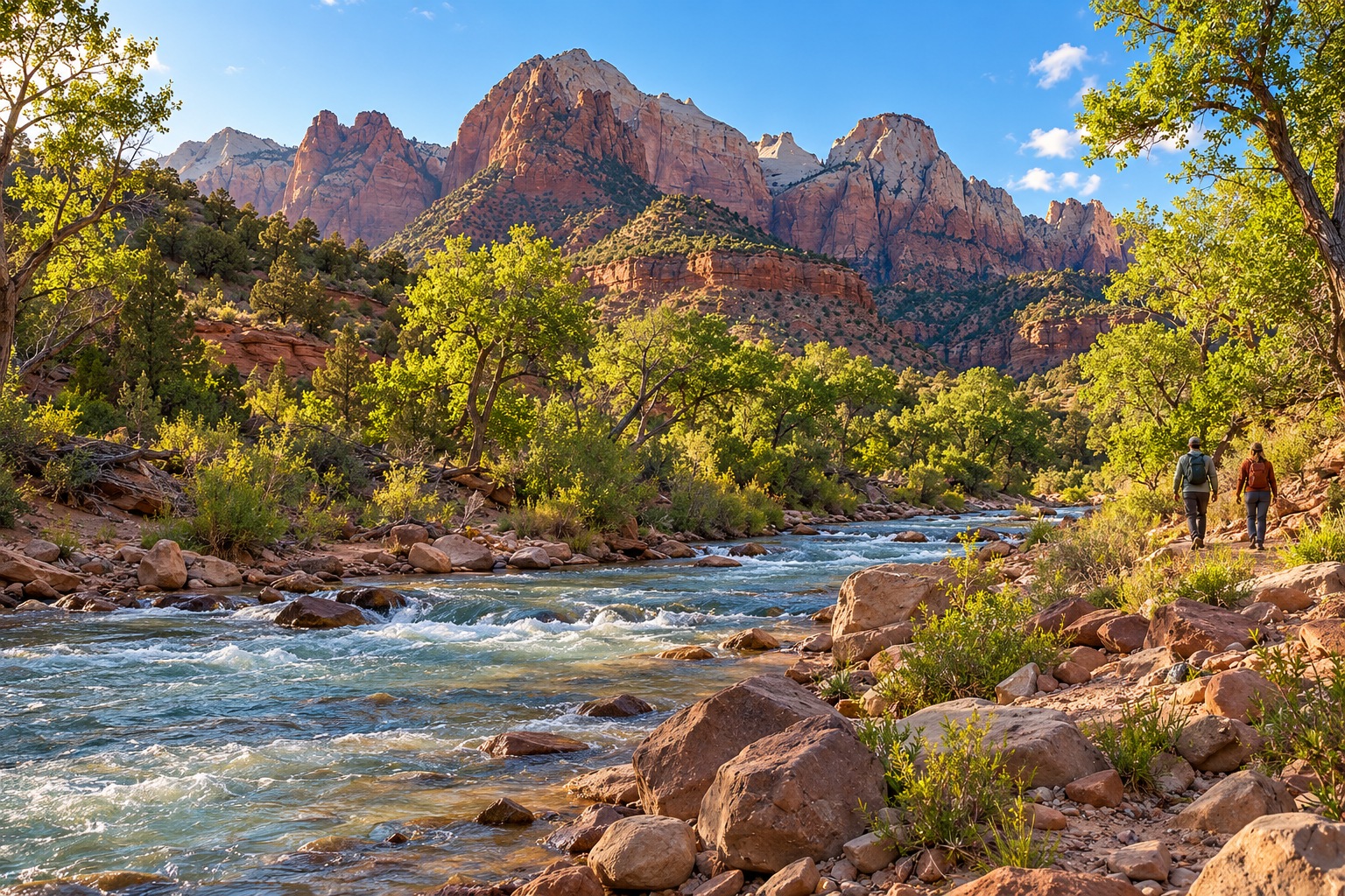 Two hikers beside a river below sunlit sandstone mountains in Southern Utah